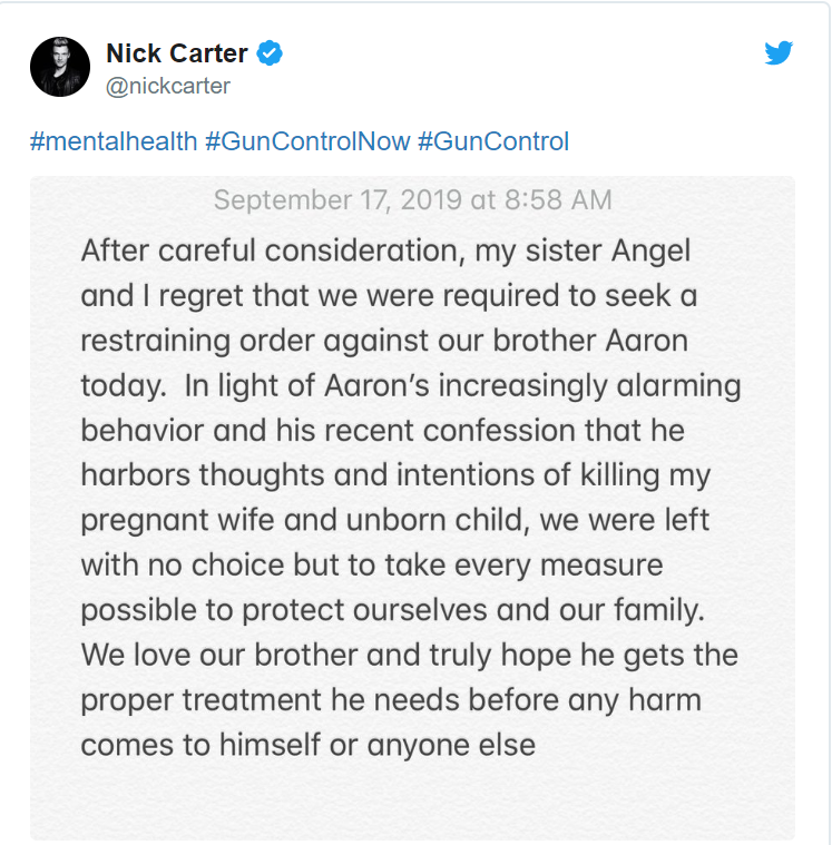 Nick Carter Obatining A Restraining Order Against His Brother Aaron Carter 